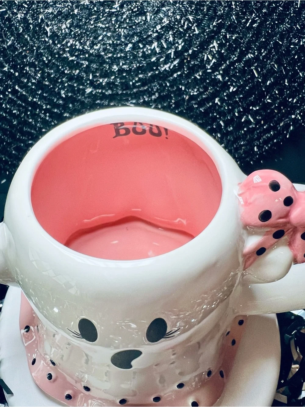 Halloween Pink & Black Polka Dot Ghost Ceramic Mug Hair Bow Cute Skirt Girl